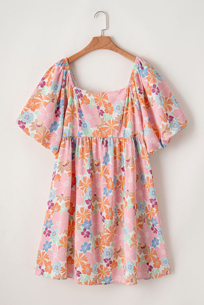 Floral Puff Sleeve Square Neck Plus Babydoll Dress | Multicolour