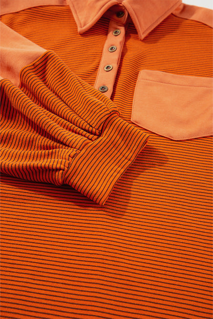 Exposed Seam Henley Turn-Down Neck Puff Sleeve Sweatshirt | Orange Stripe