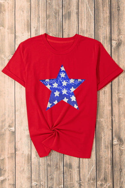 Sequin Star Graphic Crewneck T Shirt | Red