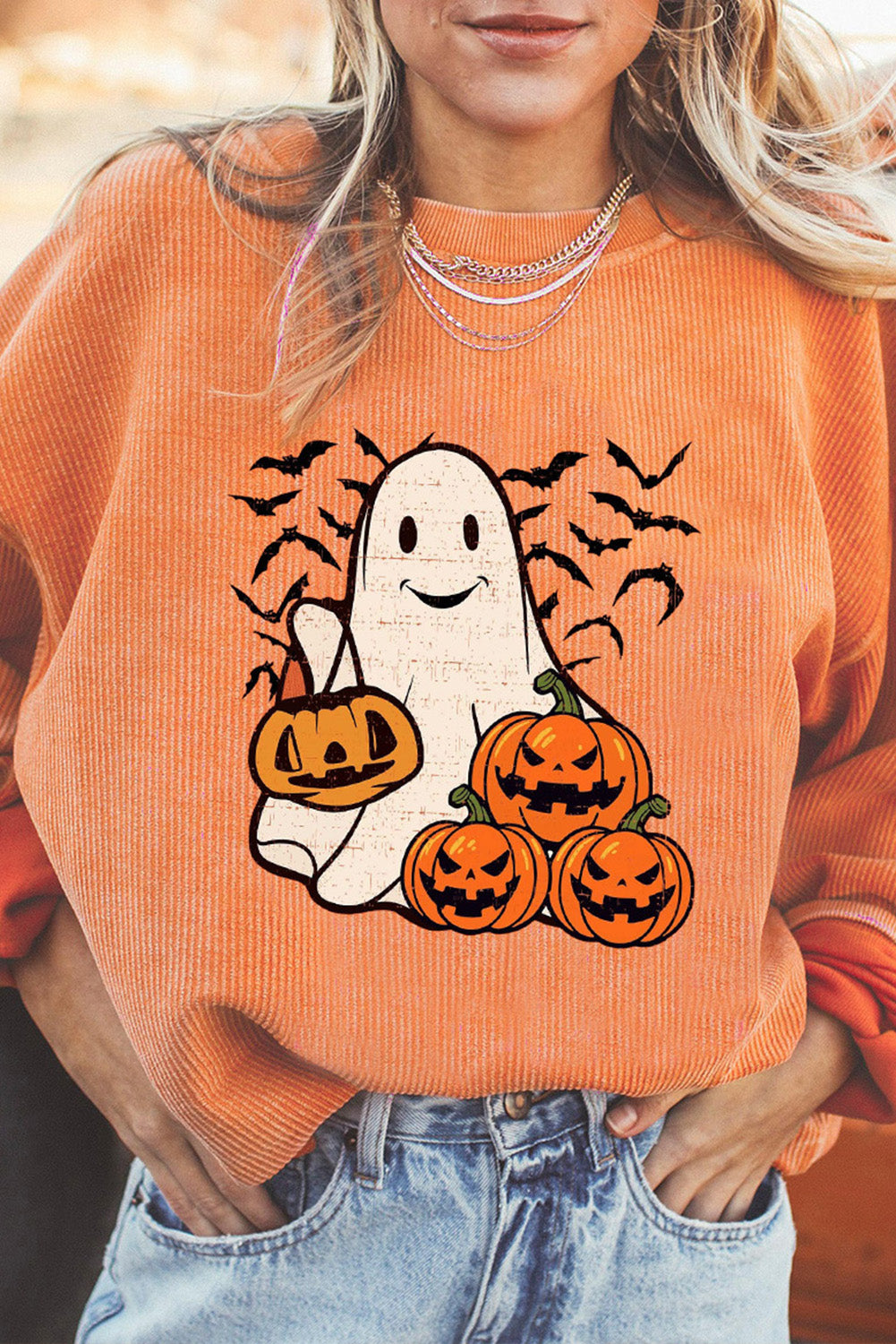 Orange Halloween Ghost Pumpkin Bat Print Corded Pullover Sweatshirt