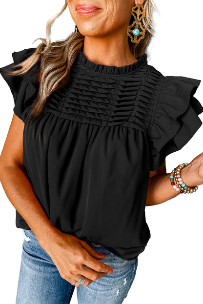 Smocked Ruffle Sleeve Blouse | Black