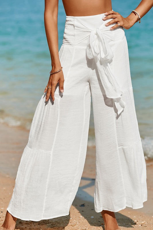 White Smocked High Waist Bohemian Wide Leg Pants