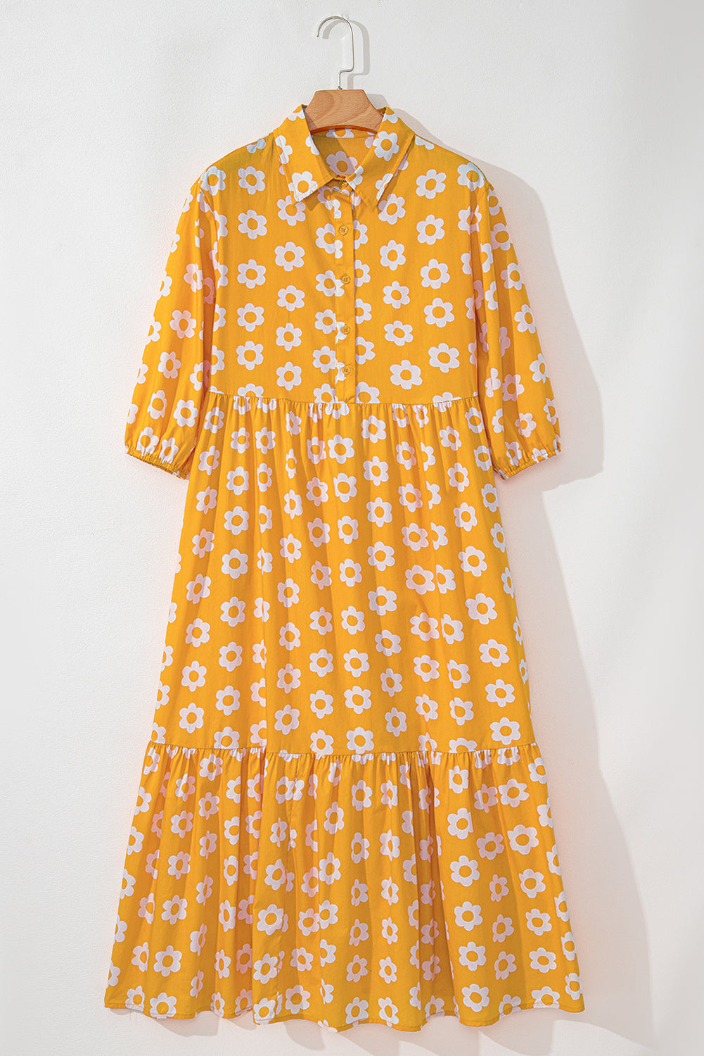 Flower Print Bracelet Sleeve Buttons Collared Maxi Dress | Yellow