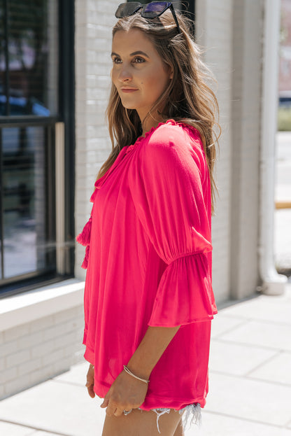 Frilled Split V Neck Ruffled Sleeve Shift Top | Rose