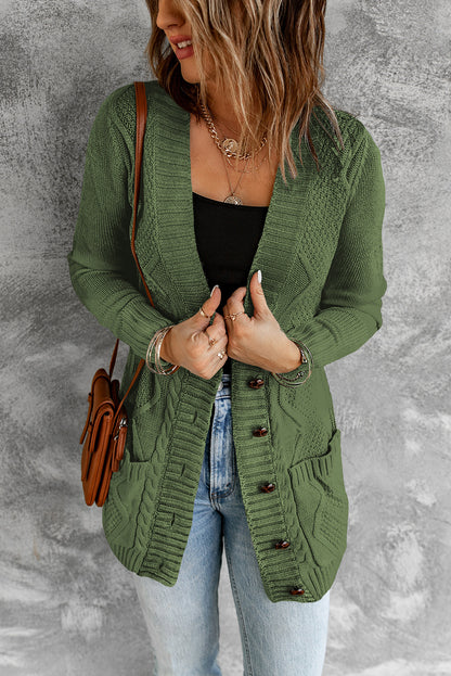 Front Pocket And Buttons Closure Cardigan | Green