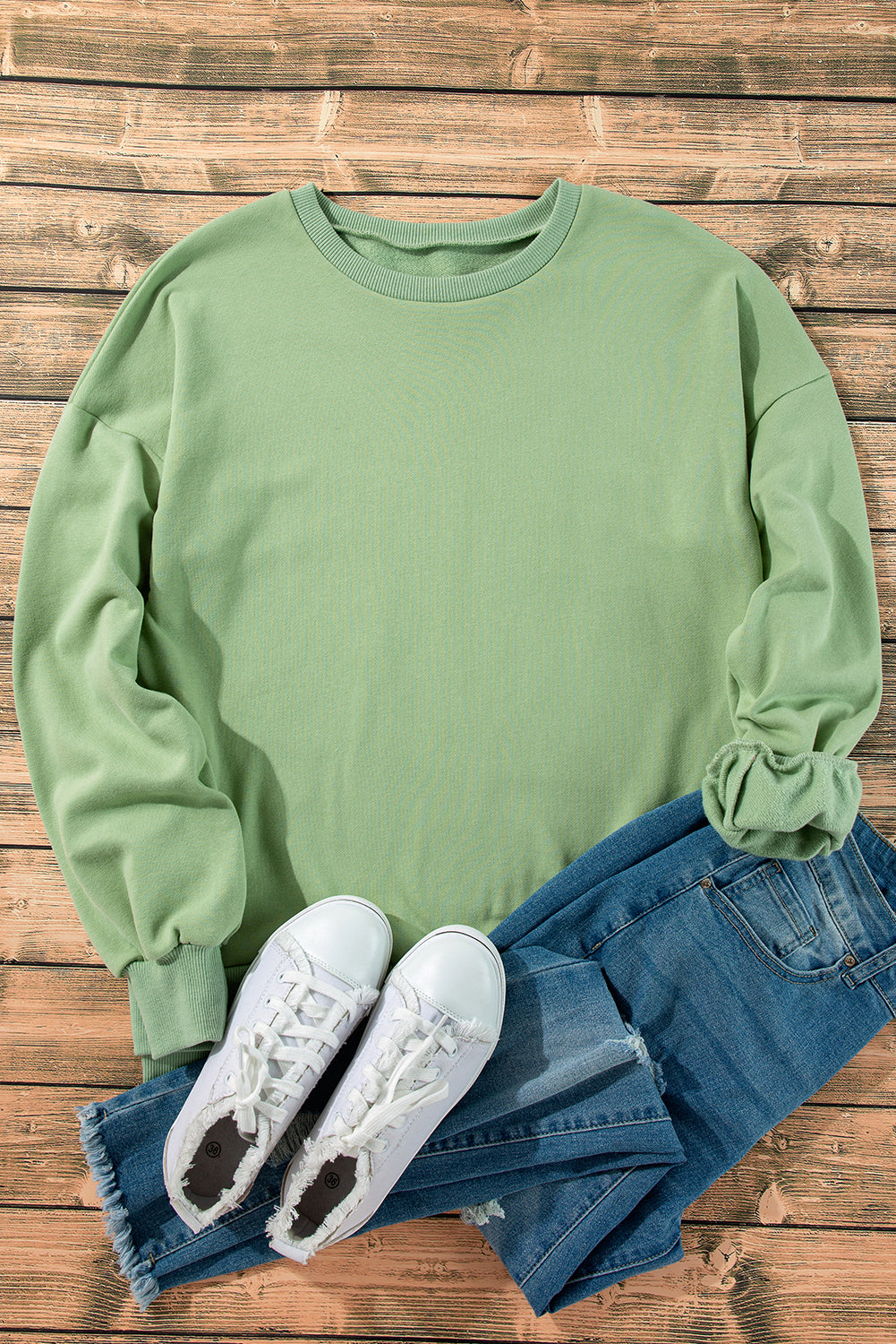 Solid Fleece Lined Drop Shoulder High Low Sweatshirt | Grass Green