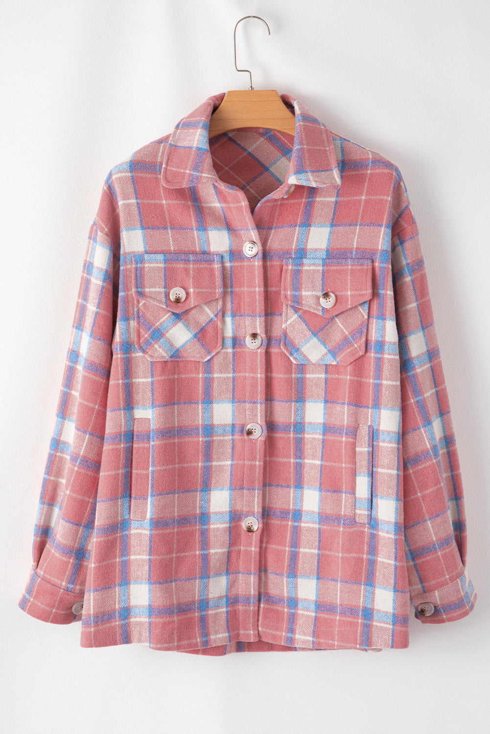 Plaid Flap Pocket Button Up Shacket | Pink