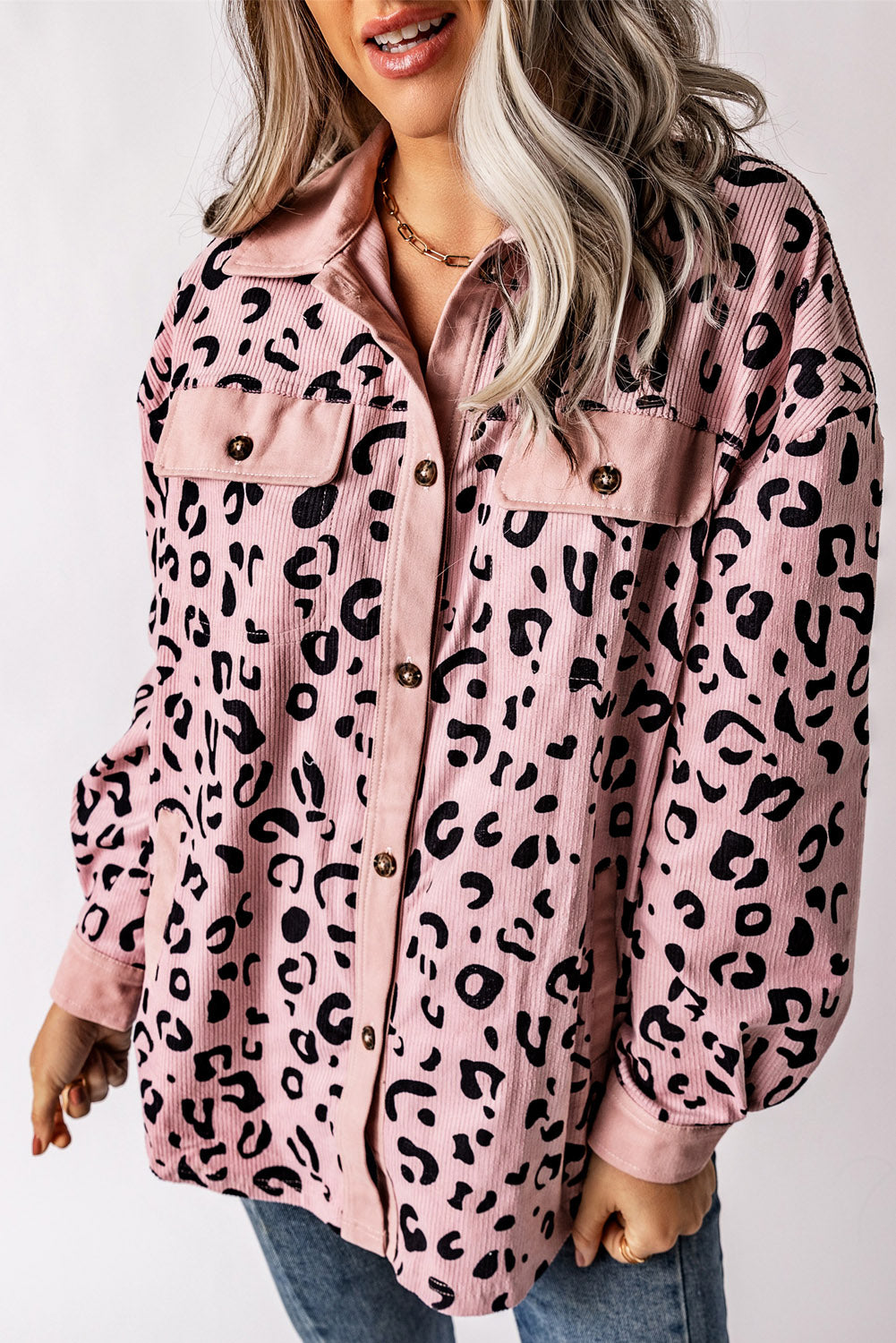 Collared Neckline Flap Pockets Leopard Corduroy Jacket | Pink