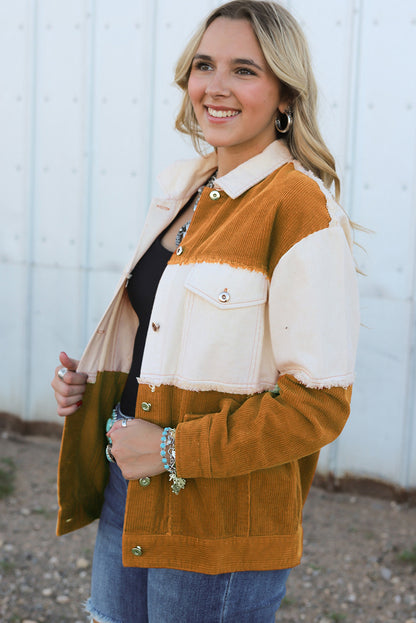 Colourblock Flap Pocket Raw Edge Buttoned Jacket | Brown