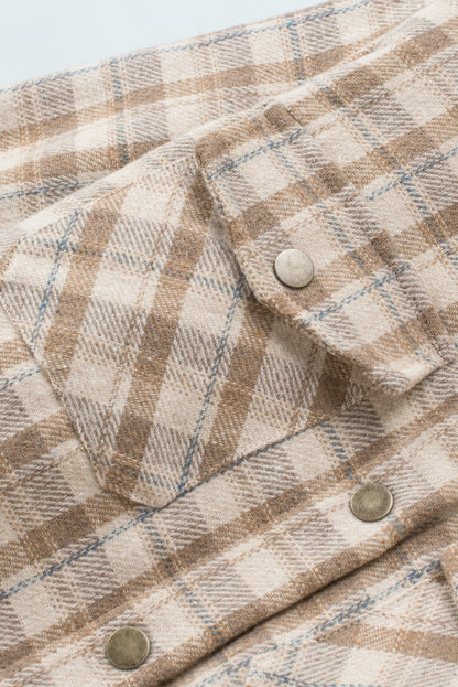 Plaid Pattern Sherpa Lined Hooded Shacket | Khaki