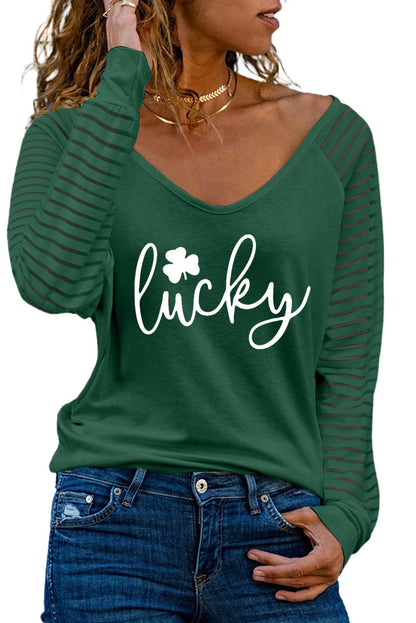 Clover Lucky Pattern Sheer Striped Long Sleeve Top | Green