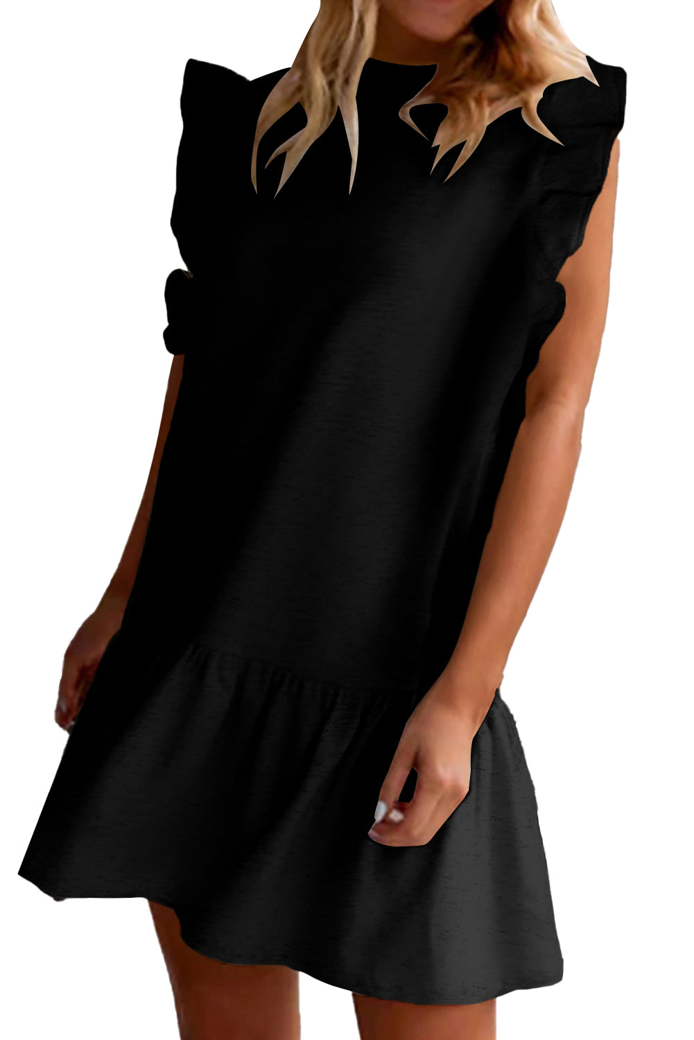 Flutter Sleeve Crew Neck Shift Dress | Black