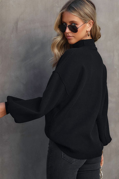 Turtleneck Drop Shoulder Bubble Sleeve Knit Sweater | Black