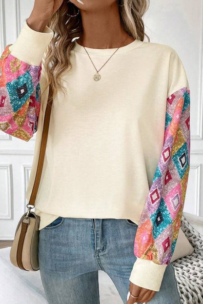 Geometric Printed Patchwork Long Sleeve Round Neck Top | Apricot