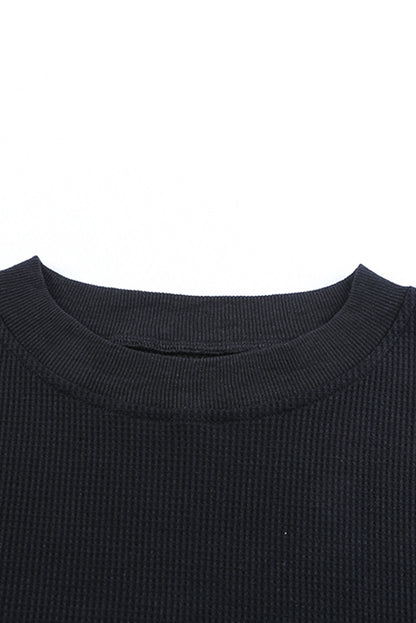 Crew Neck Ribbed Trim Waffle Knit Top | Black