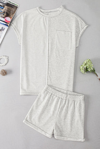 Colourblock Chest Pocket Exposed Seam Tee And Shorts Set | Khaki