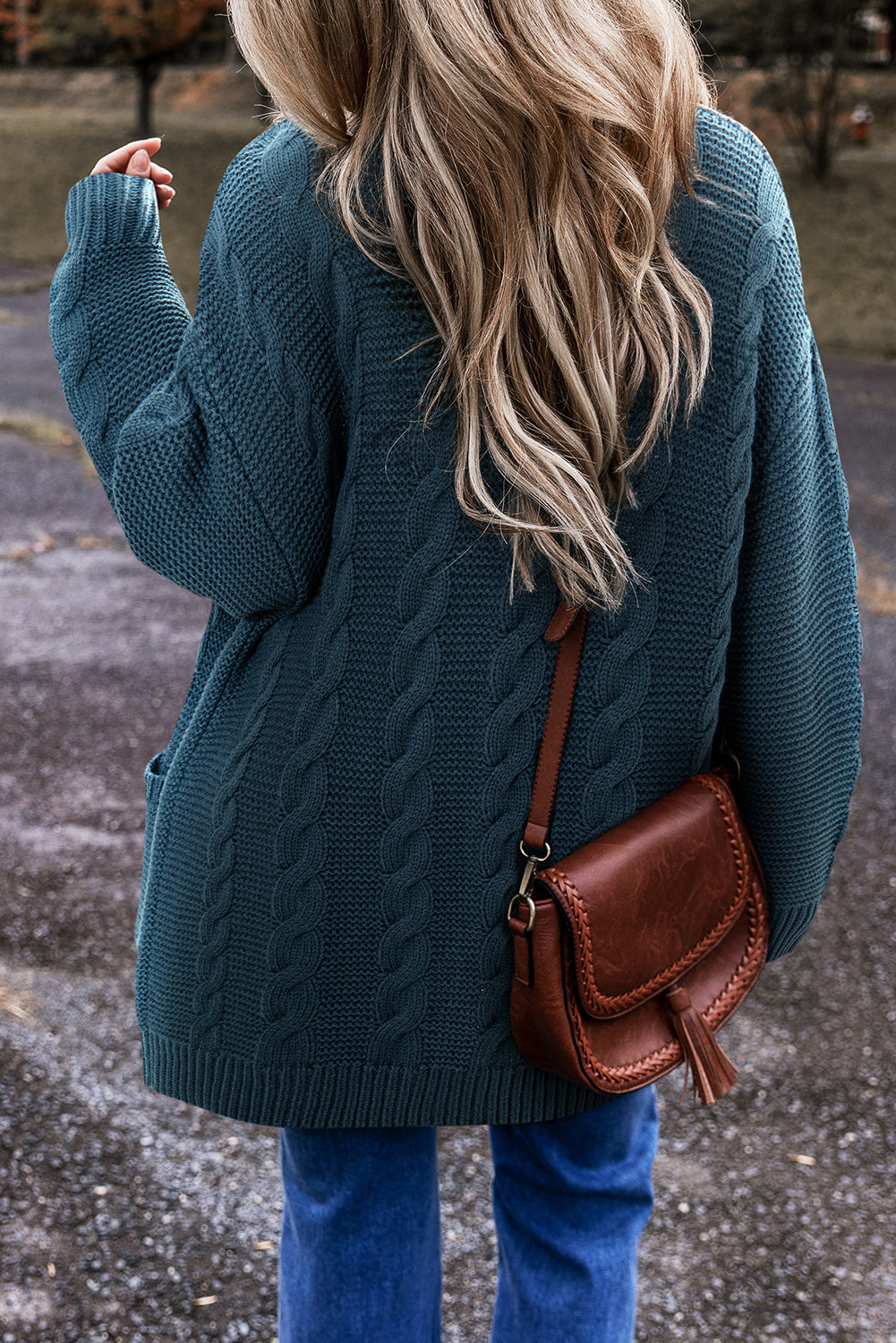 Cable Knit Button Front Pocketed Baggy Cardigan | Peacock Blue