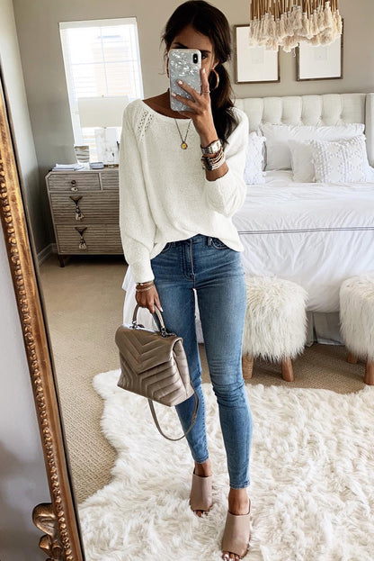 Long Sleeve Cutout Shoulder Relaxed Sweater | White