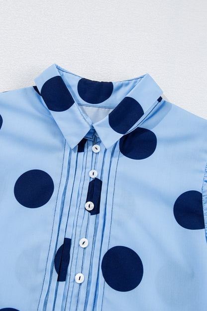 Polka Dot Print Ruffled Short Sleeve Buttoned Collared Blouse | Sky Blue