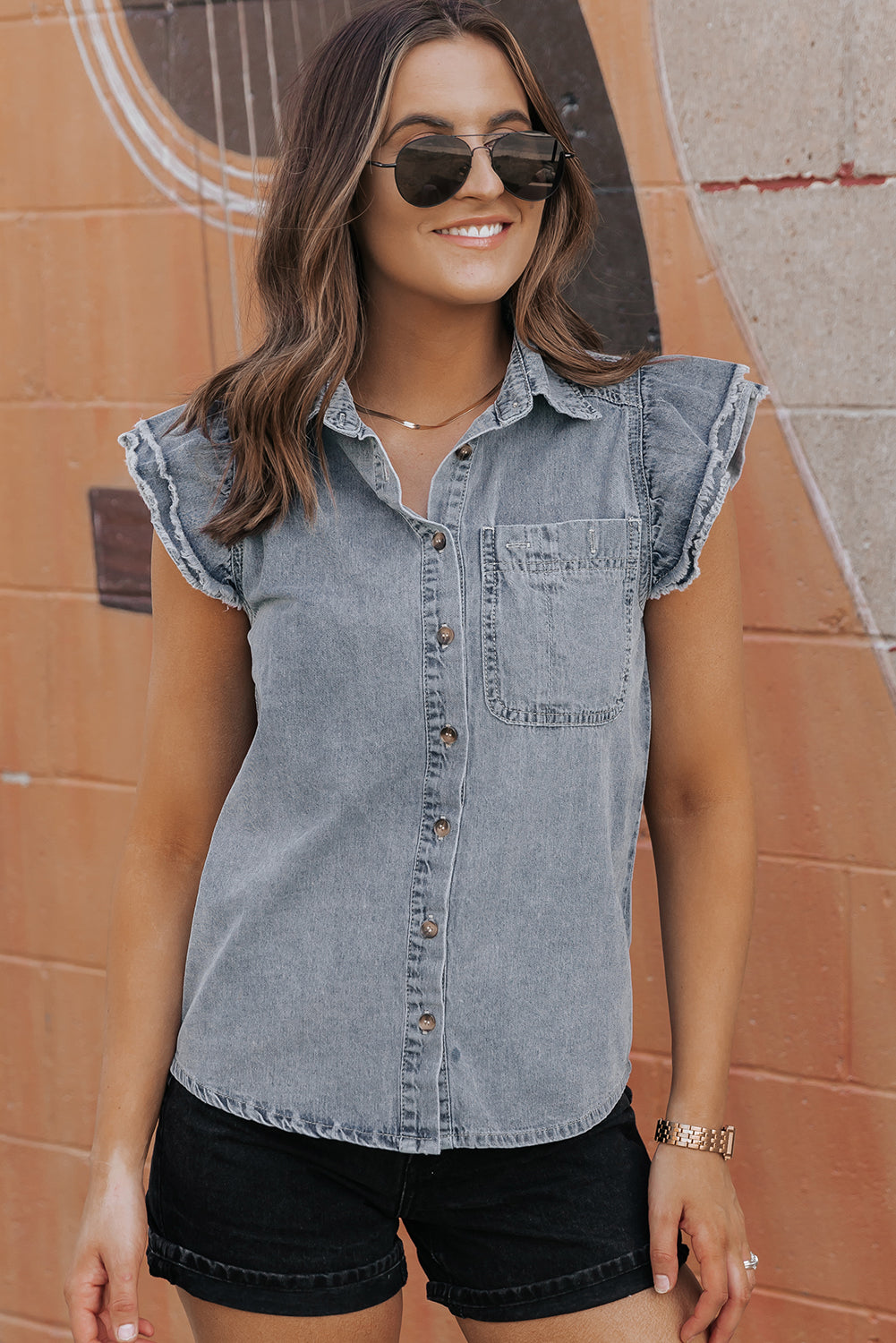 Frayed Ruffle Sleeve Denim Shirt | Beau Blue