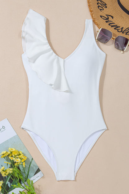 Asymmetric Ruffle Trim Tie Waist One Piece Swimsuit | White