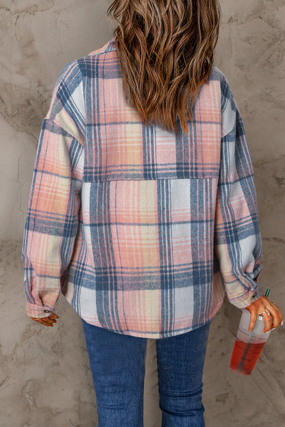 Black/ Plaid Flap Pockets Shacket | Pink