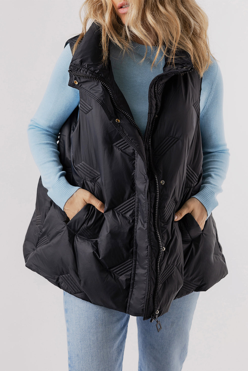 Quilted High Neck Zip Up Jacket Vest | Black