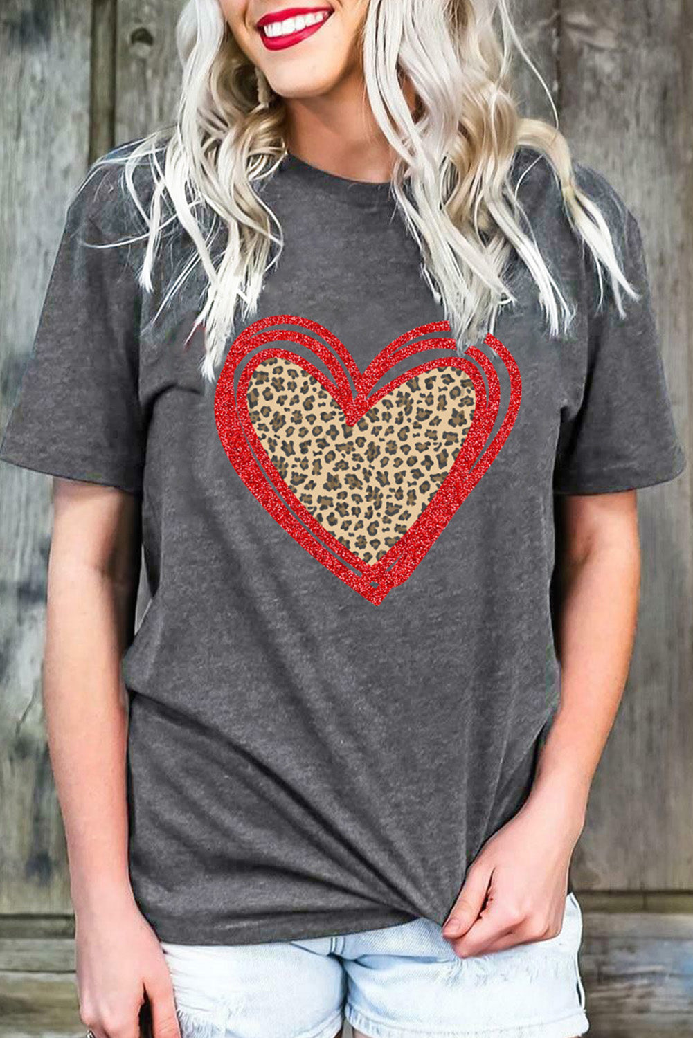 Sequin Leopard Heart Graphic T-Shirt | Gray