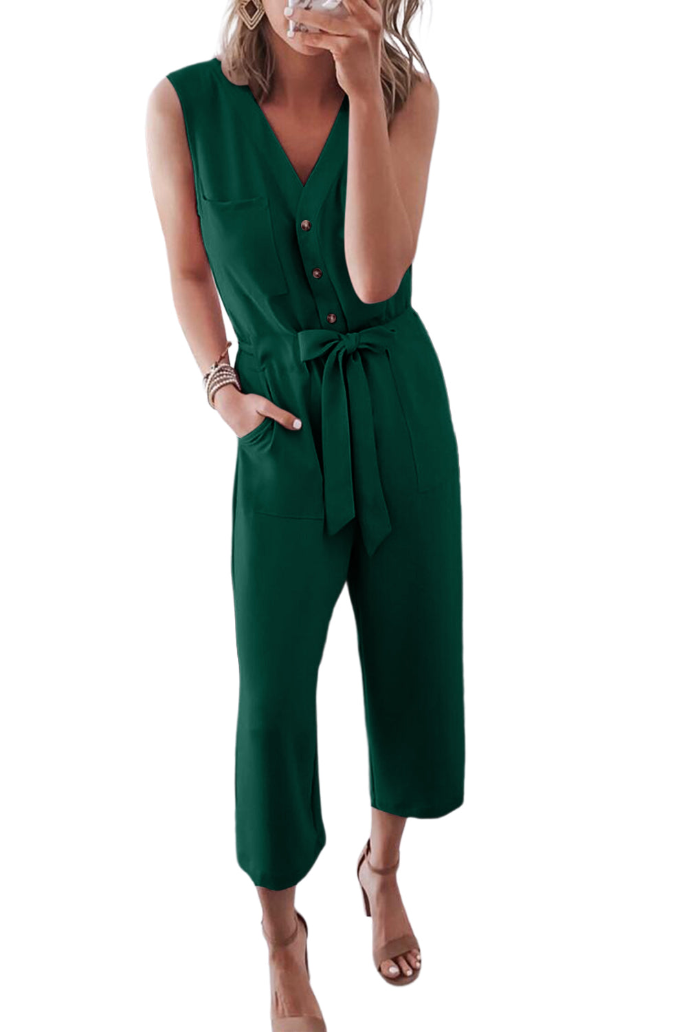 Buttoned Sleeveless Cropped Jumpsuit With Sash | Green