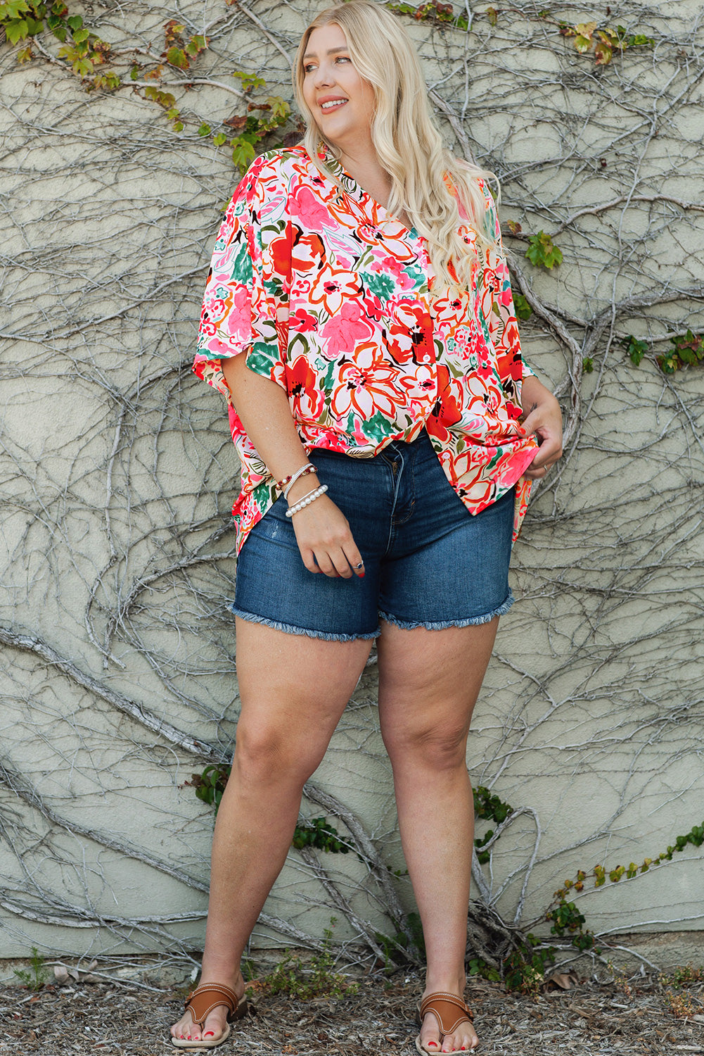 Plus Size Floral Print Kimono Sleeve Shirt | Rose