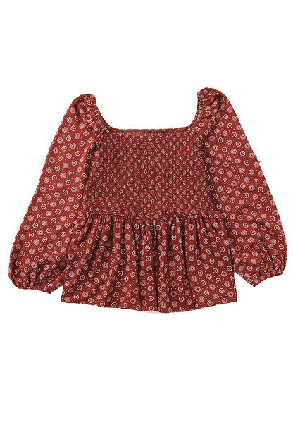 Fiery  Plus Size Square Neck Printed Peplum Top | Red