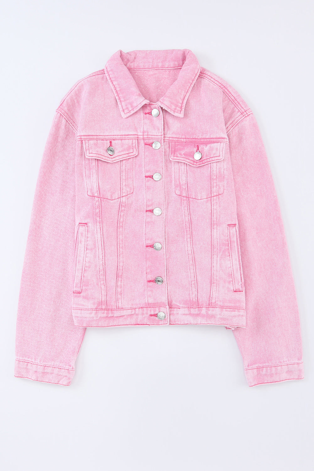 Acid Wash Button Flap Pocket Denim Jacket | Pink