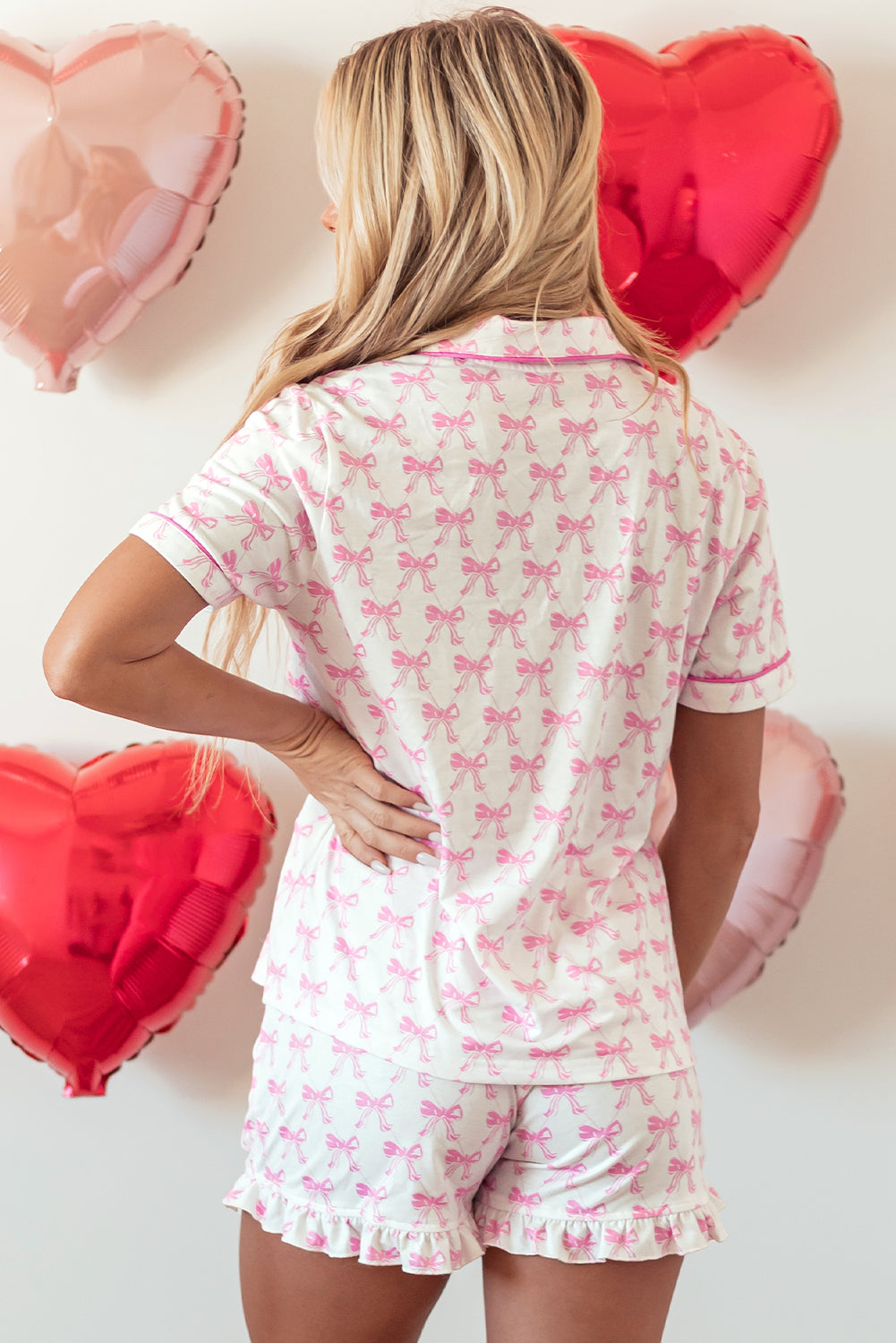 Bowknot Printed Short Sleeve And Ruffled Shorts Pajama Set | Pink