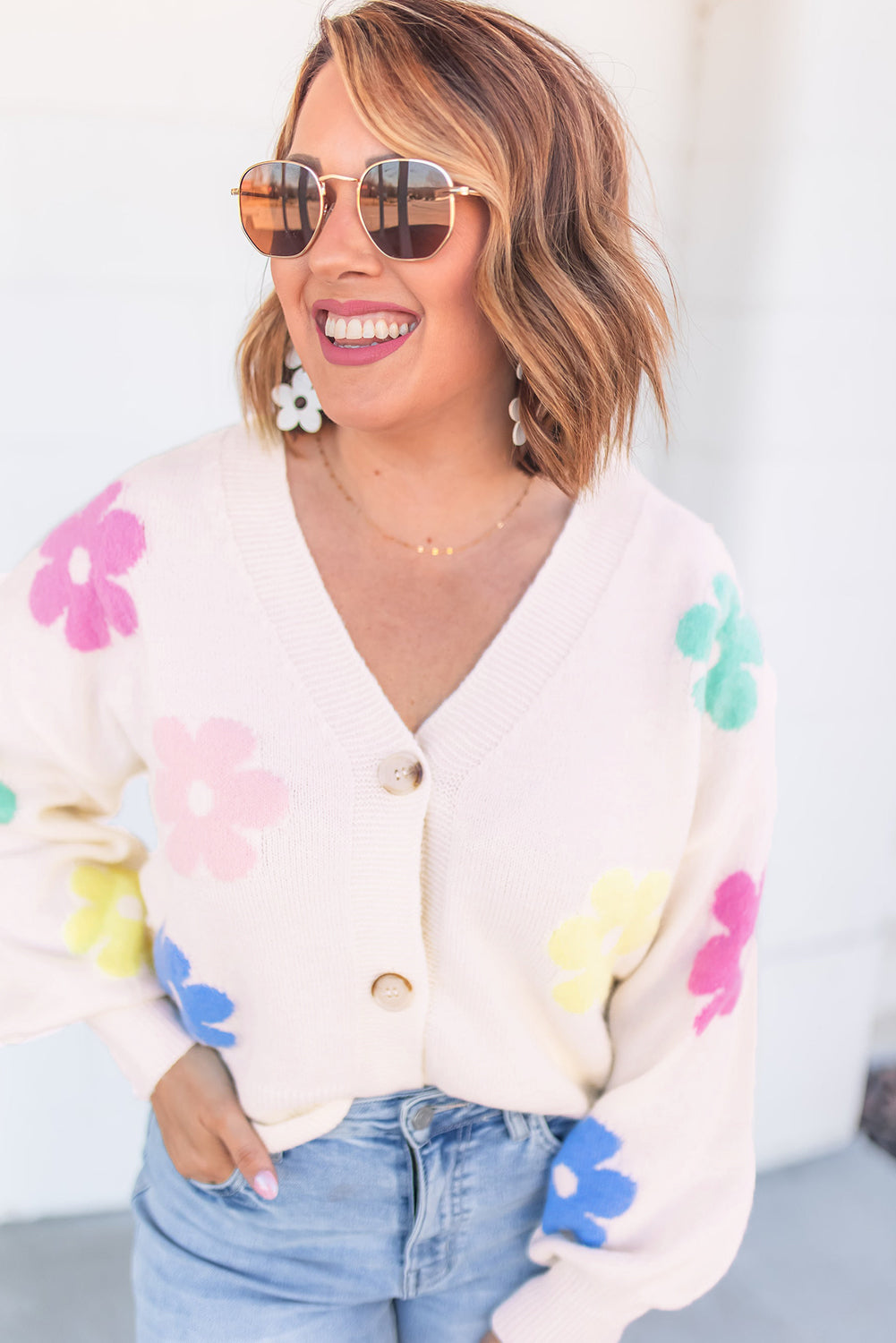 Floral Pattern V Neck Buttoned Plus Size Cardigan | Beige