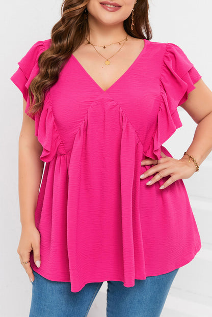 Plus Size Ruffle V Neck Tie Back Tunic Top | Pink