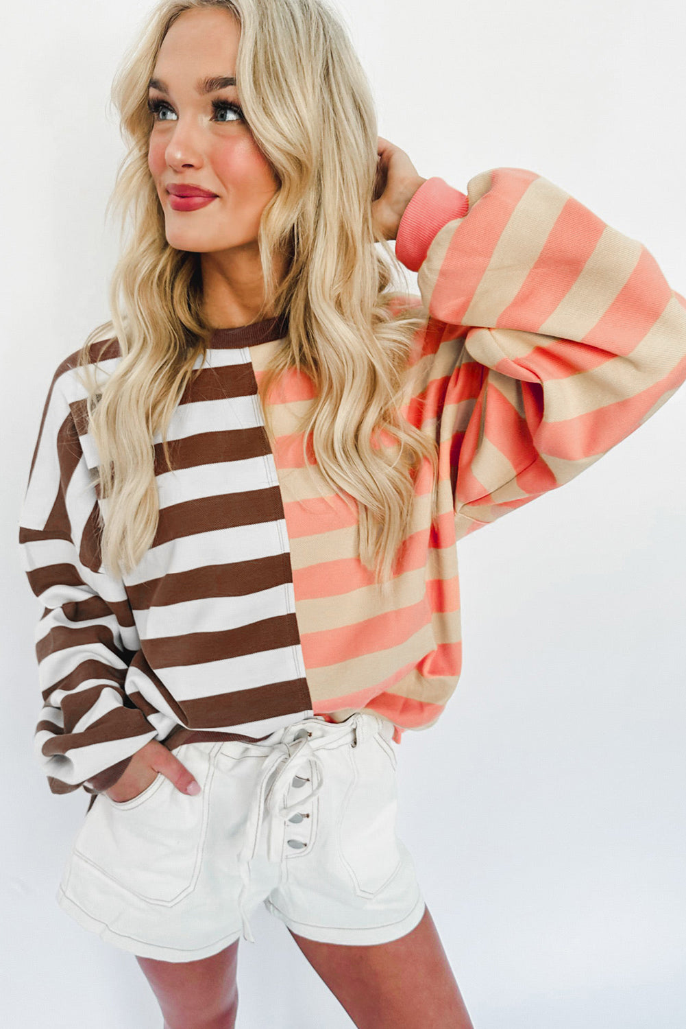 Colour Block Drop Shoulder Pullover Sweatshirt | Brown Stripe