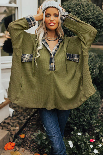 Flowy Plaid Accent Waffle Knit Henley Hoodie | Green