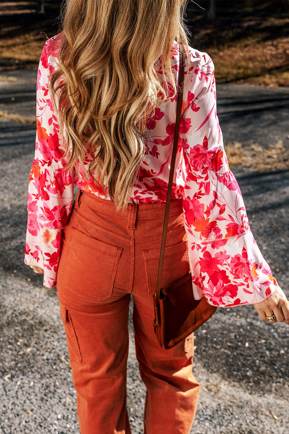 Floral Print Tiered Bell Long Sleeve Buttoned Bodysuit | Pink