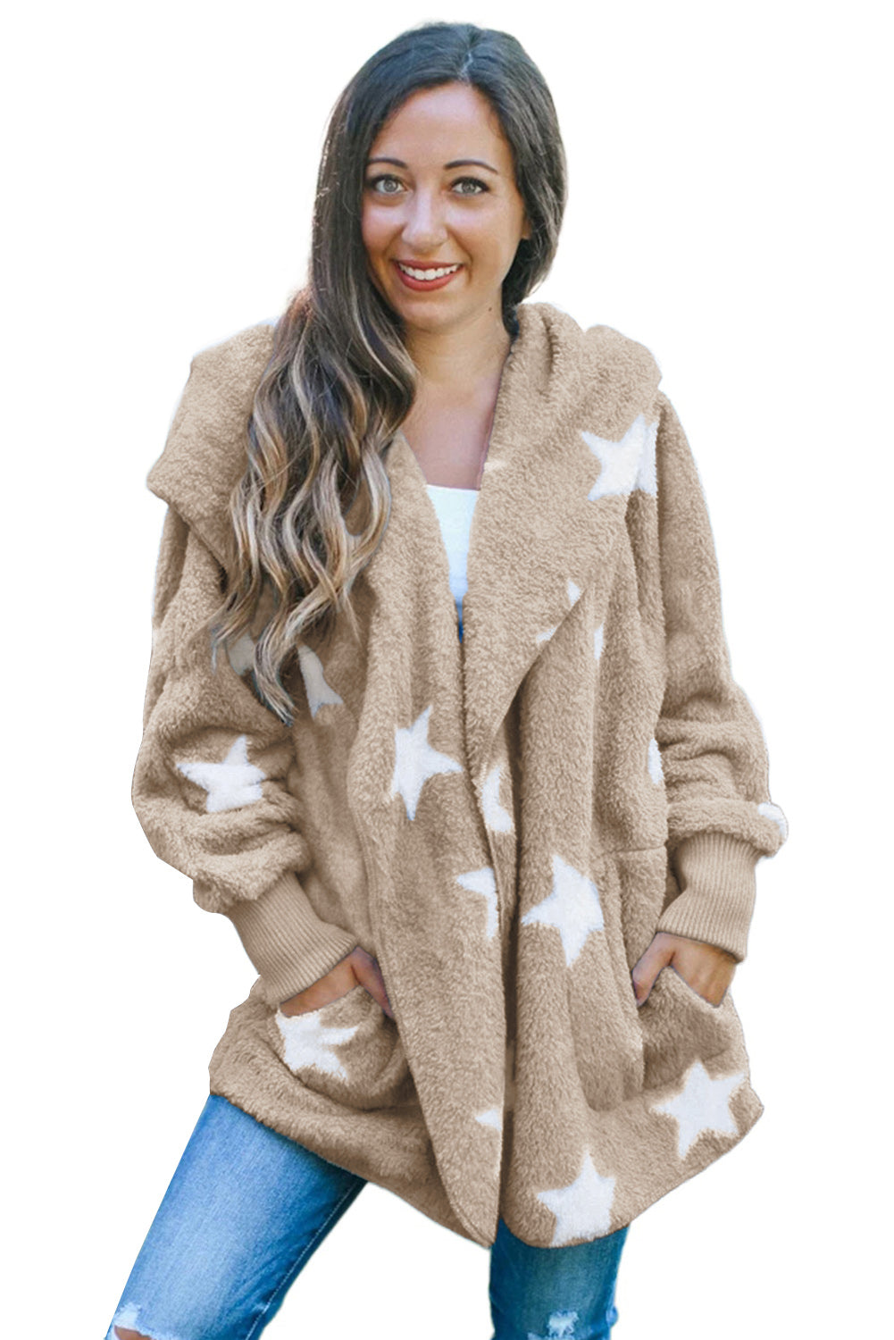 Lapel Collar Scatter Star Fuzzy Coat | Khaki