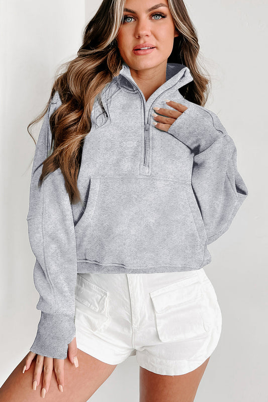 Quarter Zip Stand Neck Kangaroo Pocket Sweatshirt | Light Grey