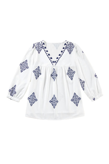 Boho Geometric Print Bracelet Sleeve V Neck Blouse | White