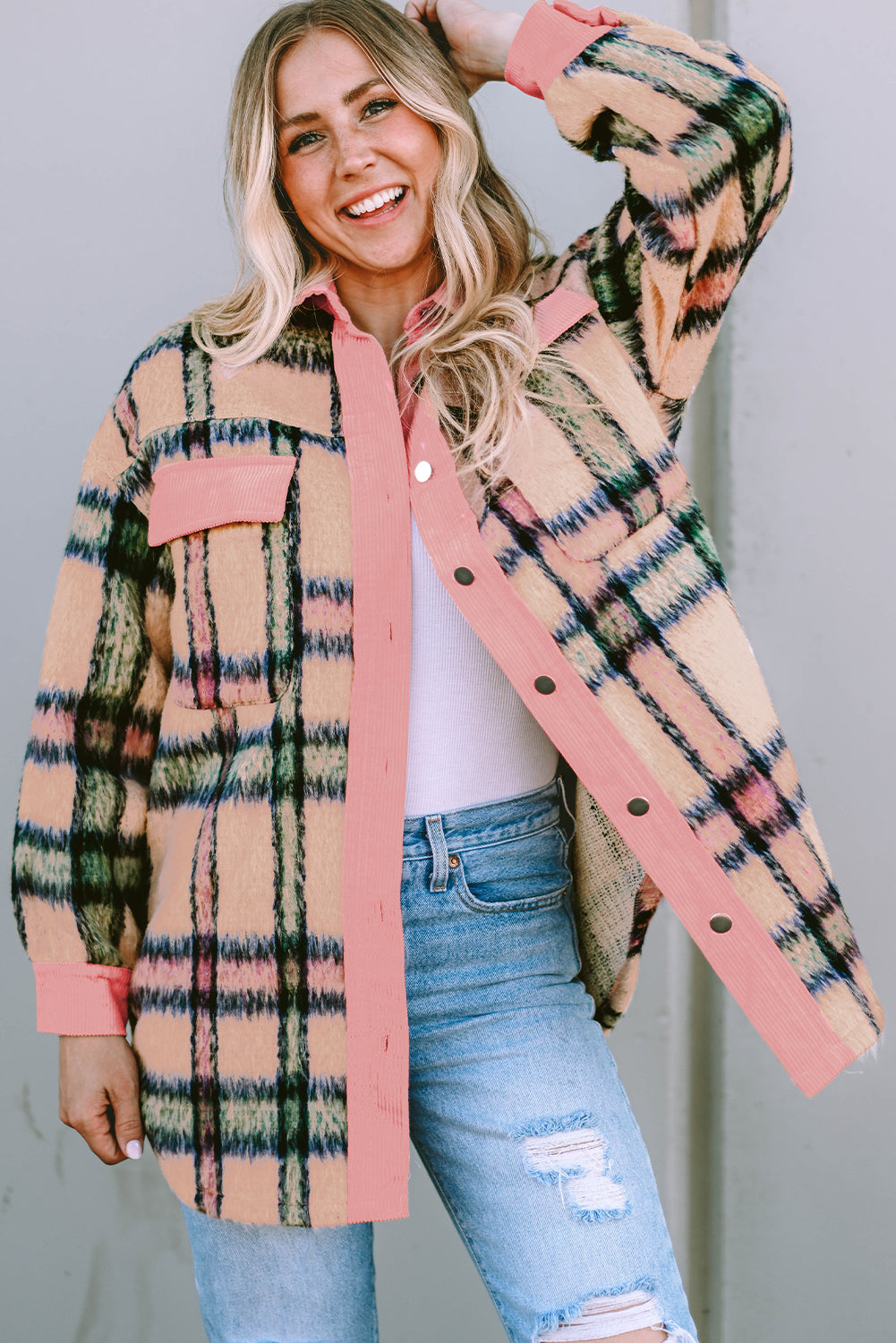 Fuzzy Plaid Corduroy Patchwork Shacket | Pink