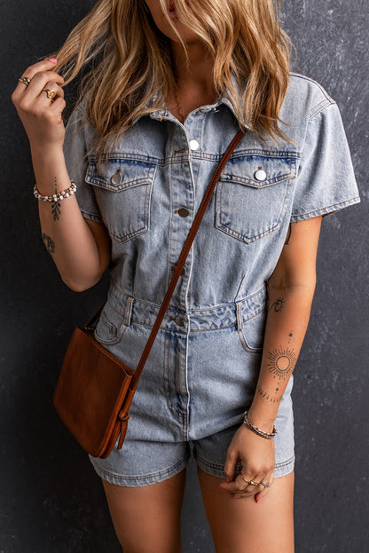 Vintage Washed Buttons Pocketed Denim Romper | Light Blue