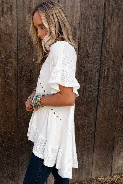 Contrast Knit Splicing V Neck Studded Blouse | White