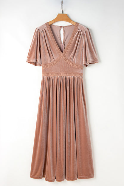 Velvet Lacy V Neckline Short Sleeve Empire Waist Flowy Maxi Dress | Chestnut