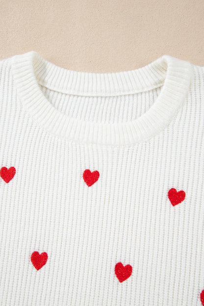 Heart Shape Drop Shoulder Round Neck Sweater | White