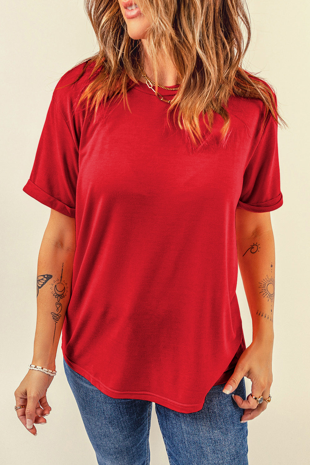 Casual Plain Crew Neck Tee | Red