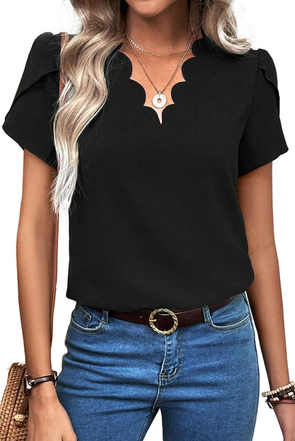 Scalloped V Neckline Petal Sleeve Top | Black