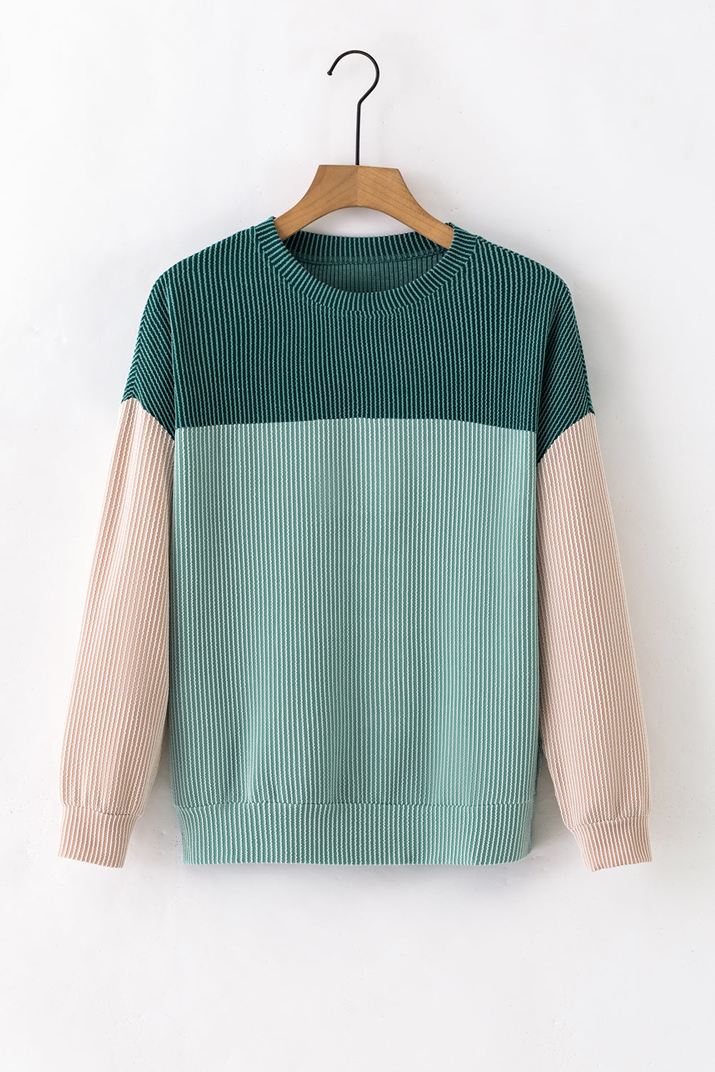 Colour Block Long Sleeve Ribbed Loose Top | Green