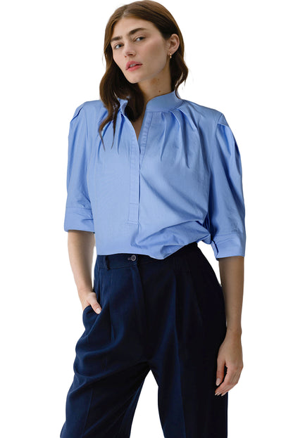 Solid 3/4 Sleeve Buttoned Stand Neck Shirt | Sky Blue